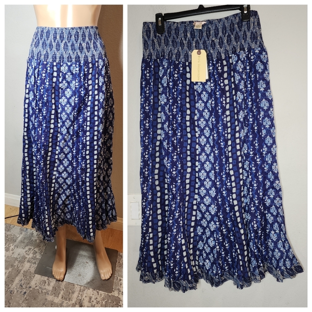 NWT Band Of Gypsies Pull On Blue Printed Cotton Midi Maxi Skirt Size Medium‎